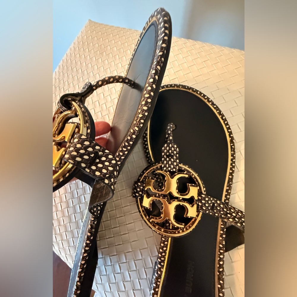 Tory Burch Black and Gold Logo Thong Sandals - Picture 9 of 14